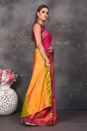Buy stunning dark pink matka silk sari online in USA with yellow pallu. Keep your ethnic wardrobe up to date with latest designer sarees, pure silk sarees, Kanchipuram silk sarees, handwoven saris, tussar silk sarees, embroidered saris from Pure Elegance Indian saree store in USA.-side