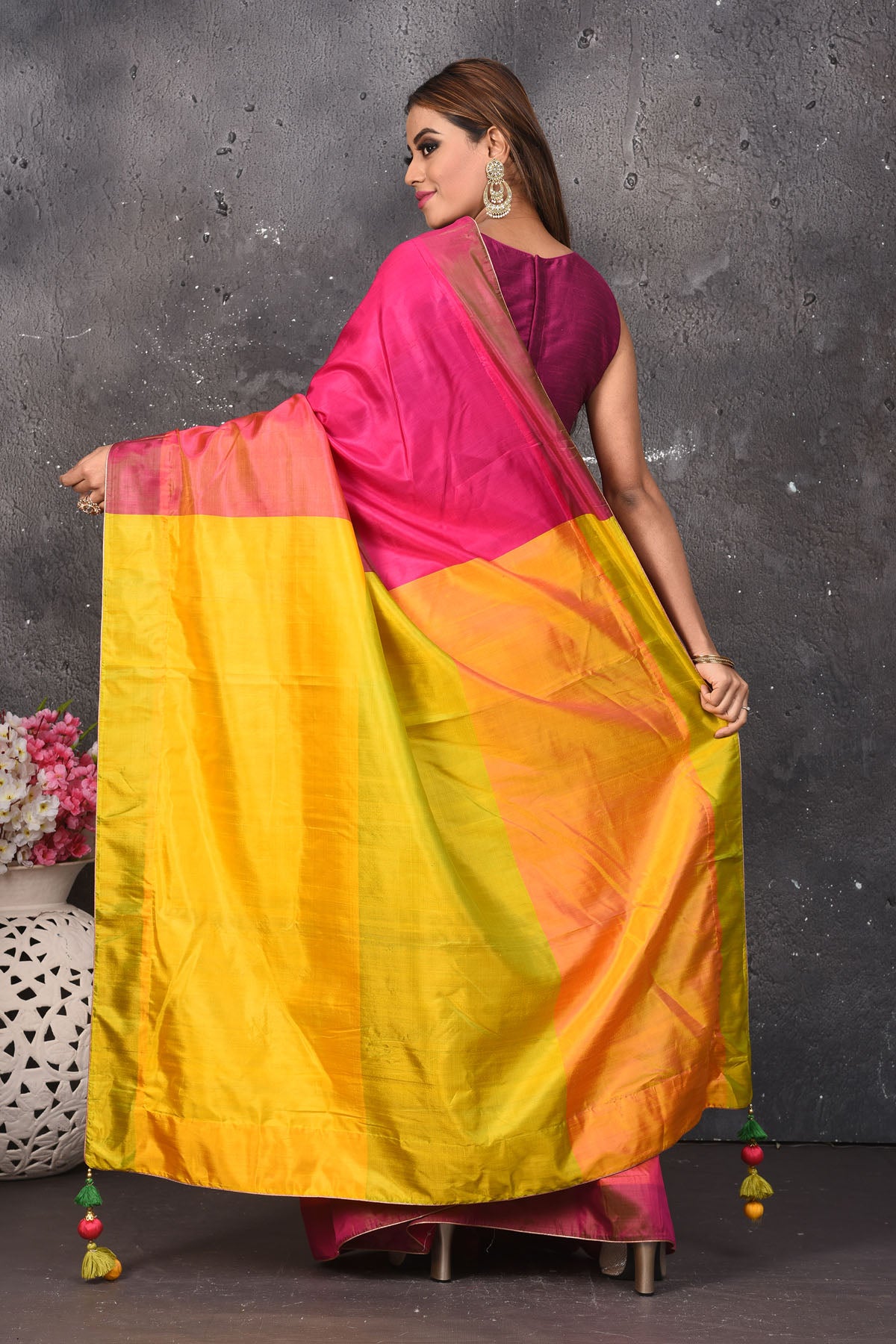 Buy stunning dark pink matka silk sari online in USA with yellow pallu. Keep your ethnic wardrobe up to date with latest designer sarees, pure silk sarees, Kanchipuram silk sarees, handwoven saris, tussar silk sarees, embroidered saris from Pure Elegance Indian saree store in USA.-back