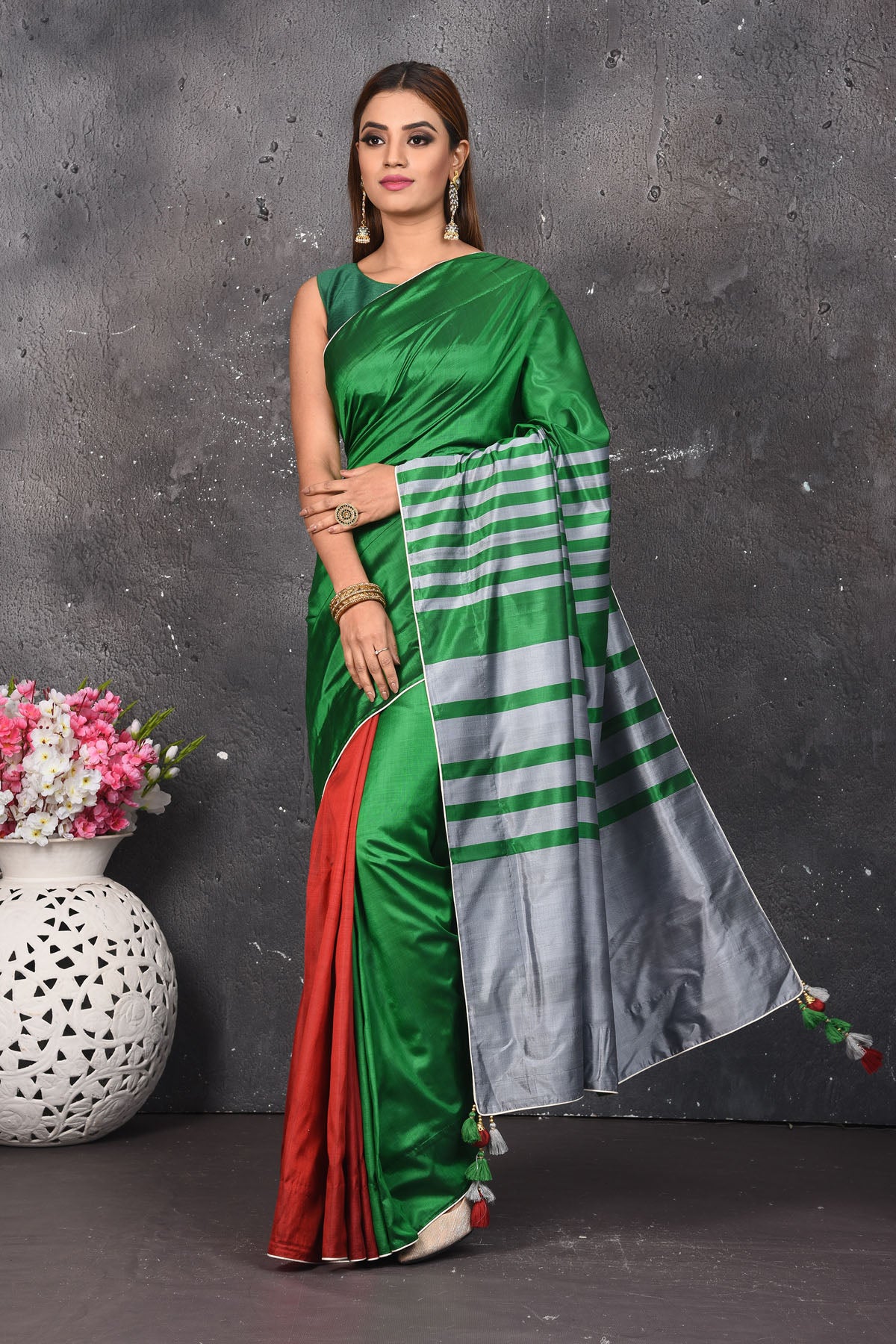 Shop beautiful green and red matka silk sari online in USA with grey pallu. Keep your ethnic wardrobe up to date with latest designer sarees, pure silk sarees, Kanchipuram silk sarees, handwoven saris, tussar silk sarees, embroidered saris from Pure Elegance Indian saree store in USA.-full view