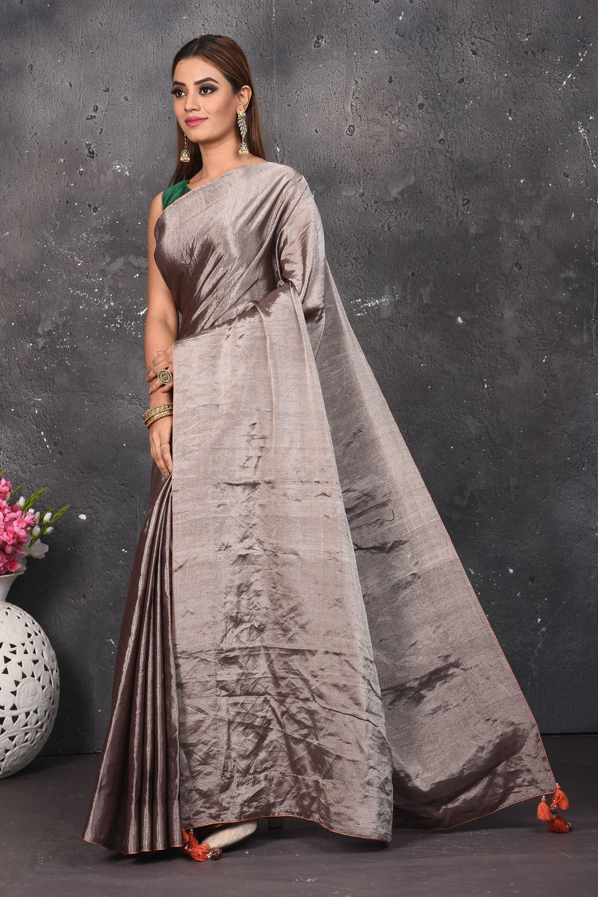 Shop beautiful silver grey tissue Uppada saree online in USA. Keep your ethnic wardrobe up to date with latest designer sarees, pure silk sarees, Kanchipuram silk sarees, handwoven saris, tussar silk sarees, embroidered saris from Pure Elegance Indian saree store in USA.-pallu