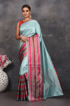 Shop beautiful light blue Mashru silk saree online in USA with striped pallu. Be the center of attraction on special occasions in stunning silk sarees, handloom sarees, embroidered sarees, designer sarees, Bollywood sarees from Pure Elegance Indian fashion store in USA.-full view