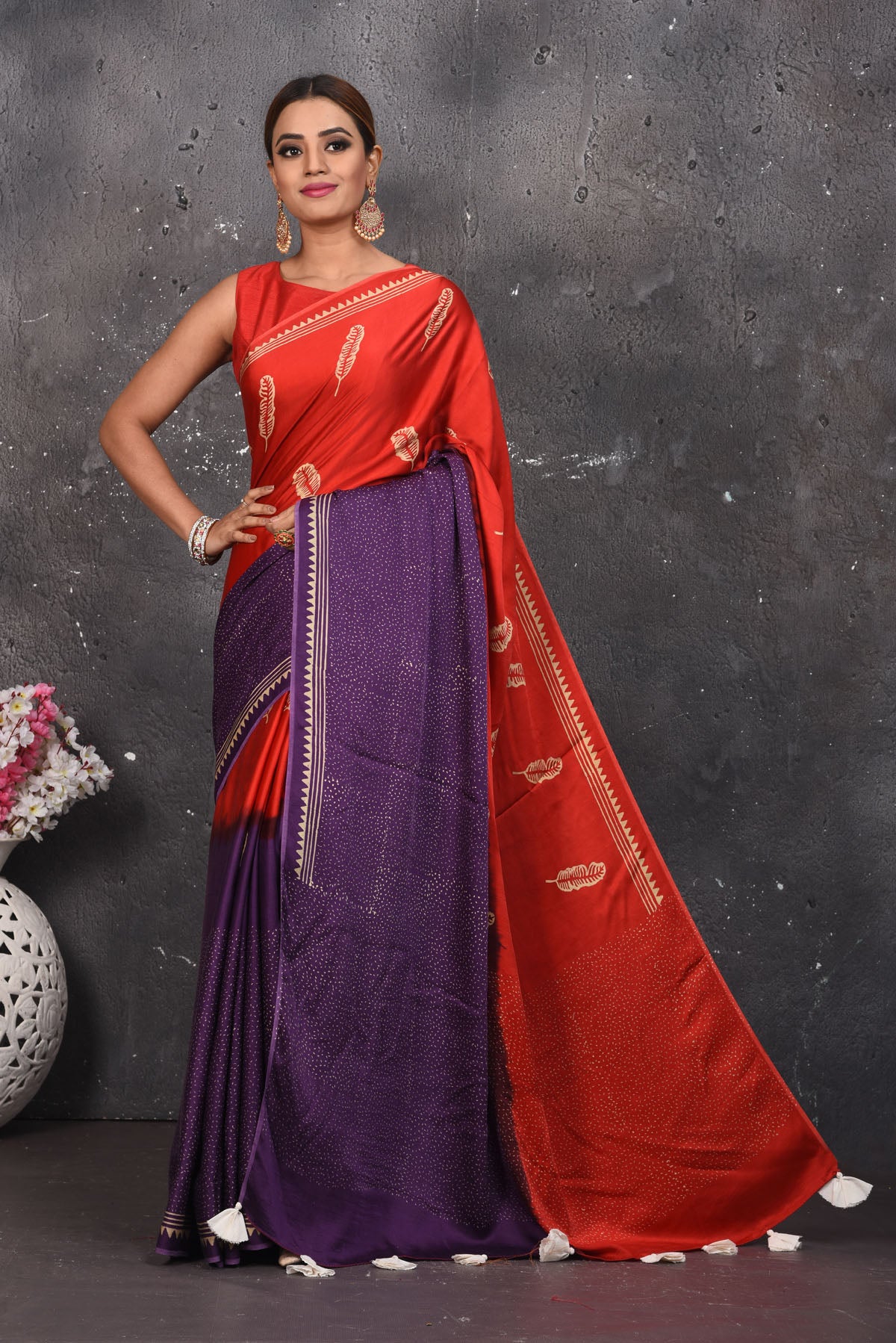 Buy beautiful purple and red printed modal silk saree online in USA. Be the center of attraction on special occasions in stunning silk sarees, handloom sarees, embroidered sarees, designer sarees, Bollywood sarees from Pure Elegance Indian fashion store in USA.-full view