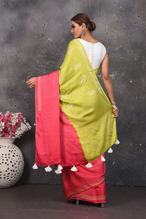 Shop stunning pista green and pink printed modal silk sari online in USA. Be the center of attraction on special occasions in stunning silk sarees, handloom sarees, embroidered sarees, designer sarees, Bollywood sarees from Pure Elegance Indian fashion store in USA.-back