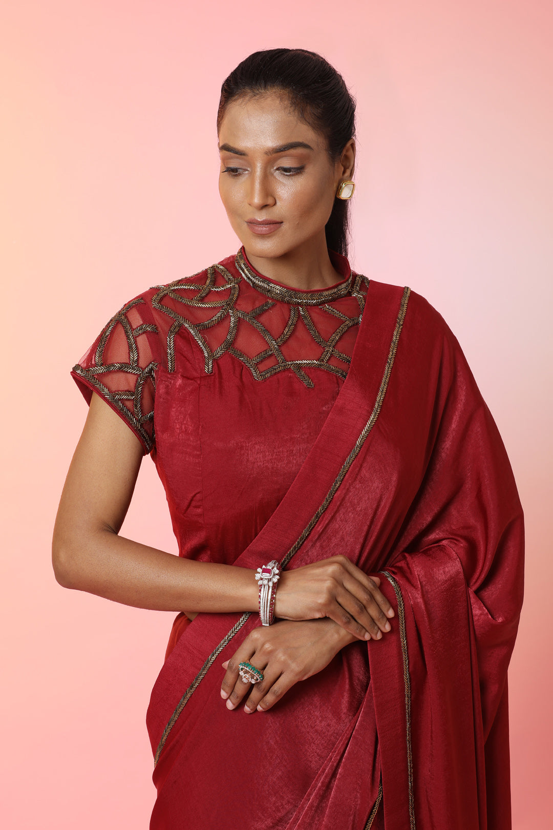 Buy stunning blood red embellished crepe saree online in USA with designer saree blouse. Look perfect in ethnic style on special occasions in beautiful designer sarees, embroidered sarees, party sarees, Bollywood sarees, handloom sarees from Pure Elegance Indian saree store in USA.-closeup