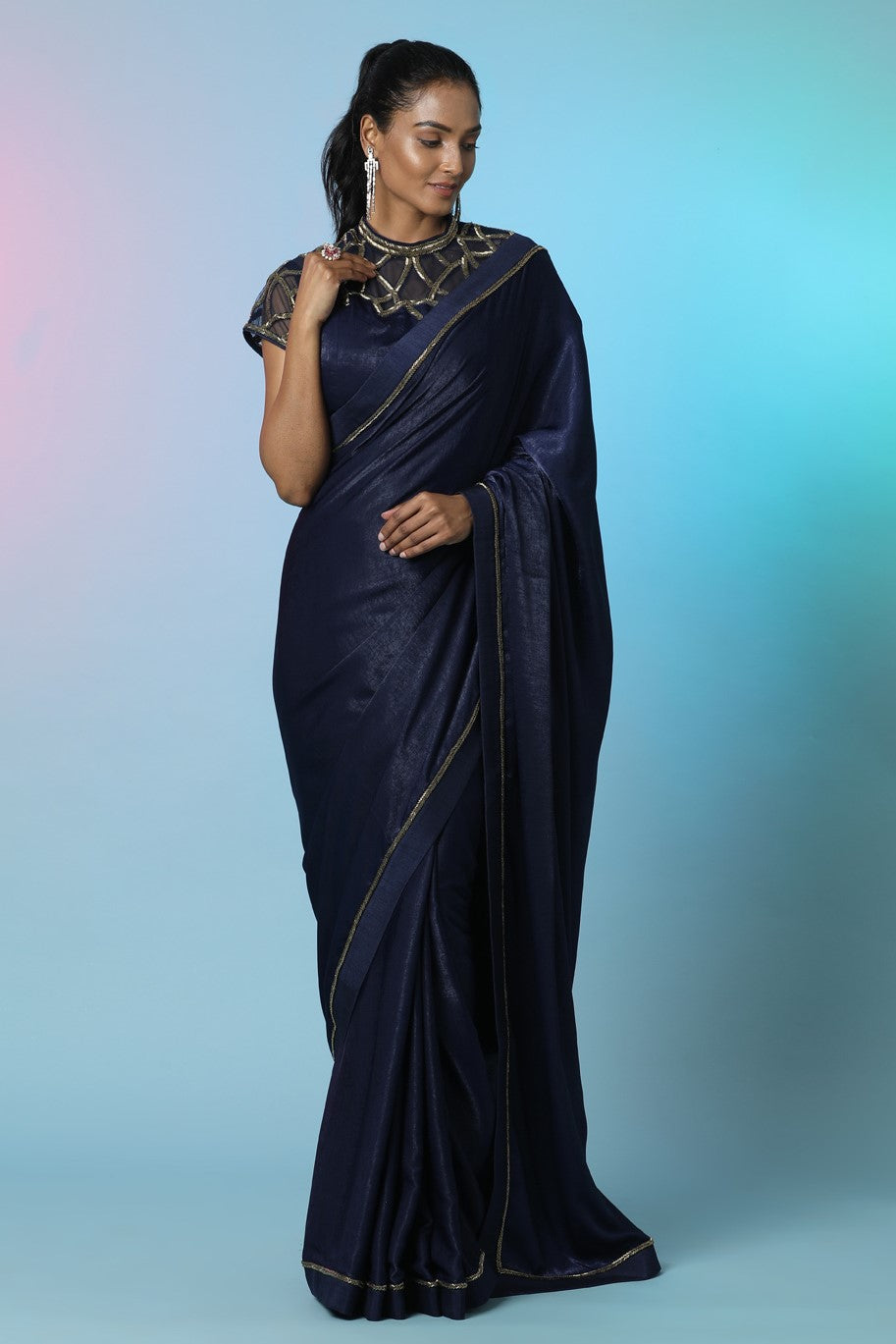 Shop beautiful navy blue embellished crepe saree online in USA with designer saree blouse. Look perfect in ethnic style on special occasions in beautiful designer sarees, embroidered sarees, party sarees, Bollywood sarees, handloom sarees from Pure Elegance Indian saree store in USA.-full view