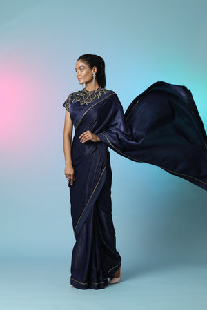 Shop beautiful navy blue embellished crepe saree online in USA with designer saree blouse. Look perfect in ethnic style on special occasions in beautiful designer sarees, embroidered sarees, party sarees, Bollywood sarees, handloom sarees from Pure Elegance Indian saree store in USA.-pallu