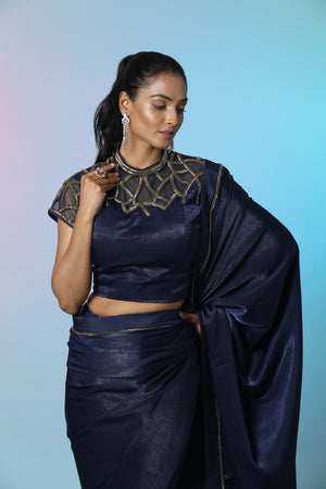 Shop beautiful navy blue embellished crepe saree online in USA with designer saree blouse. Look perfect in ethnic style on special occasions in beautiful designer sarees, embroidered sarees, party sarees, Bollywood sarees, handloom sarees from Pure Elegance Indian saree store in USA.-closeup