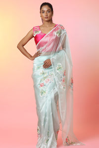 Buy beautiful mint green embroidered tissue organza saree online in USA with pink saree blouse. Look perfect in ethnic style on special occasions in beautiful designer sarees, embroidered sarees, party sarees, Bollywood sarees, handloom sarees from Pure Elegance Indian saree store in USA-full view