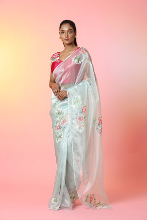 Buy beautiful mint green embroidered tissue organza saree online in USA with pink saree blouse. Look perfect in ethnic style on special occasions in beautiful designer sarees, embroidered sarees, party sarees, Bollywood sarees, handloom sarees from Pure Elegance Indian saree store in USA-pallu