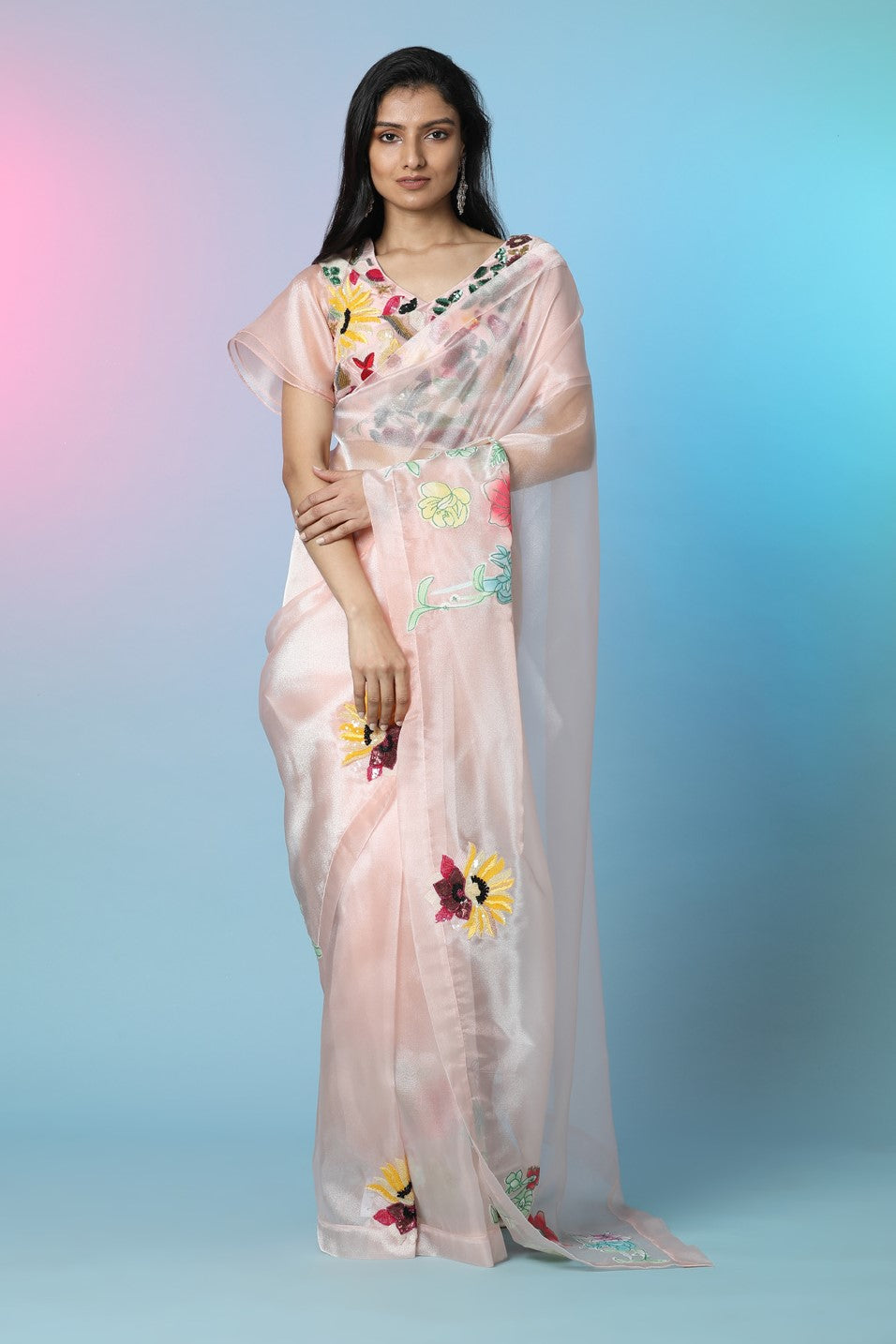 Buy stunning powder pink tissue saree online in USA with applique work. Look perfect in ethnic style on special occasions in beautiful designer sarees, embroidered sarees, party sarees, Bollywood sarees, handloom sarees from Pure Elegance Indian saree store in USA.-full view