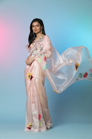 Buy stunning powder pink tissue saree online in USA with applique work. Look perfect in ethnic style on special occasions in beautiful designer sarees, embroidered sarees, party sarees, Bollywood sarees, handloom sarees from Pure Elegance Indian saree store in USA.-pallu