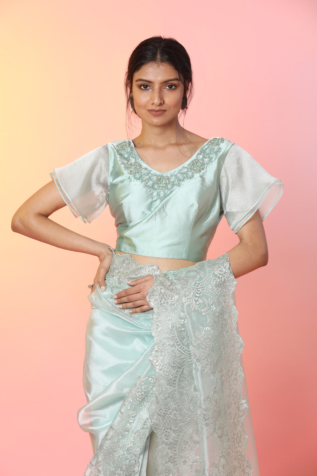 Shop stunning mint green tissue saree online in USA with lace border. Look perfect in ethnic style on special occasions in beautiful designer sarees, embroidered sarees, party sarees, Bollywood sarees, handloom sarees from Pure Elegance Indian saree store in USA.-closeup