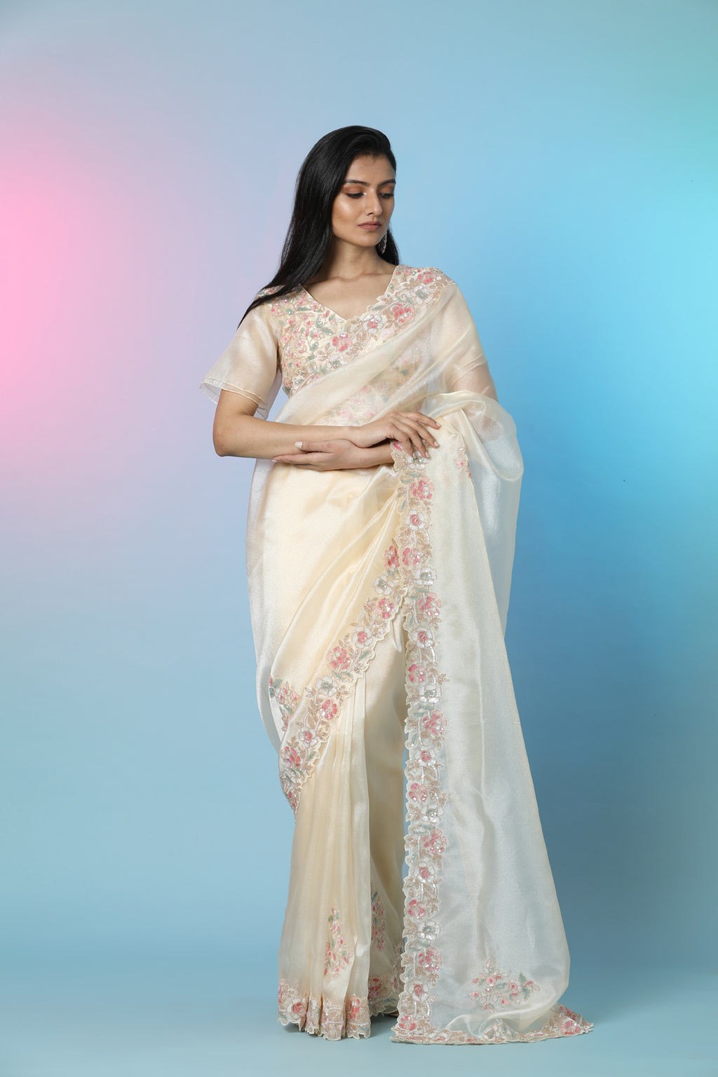 Shop beautiful light yellow embroidered tissue organza saree online in USA with saree blouse. Look perfect in ethnic style on special occasions in beautiful designer sarees, embroidered sarees, party sarees, Bollywood sarees, handloom sarees from Pure Elegance Indian saree store in USA.-full view