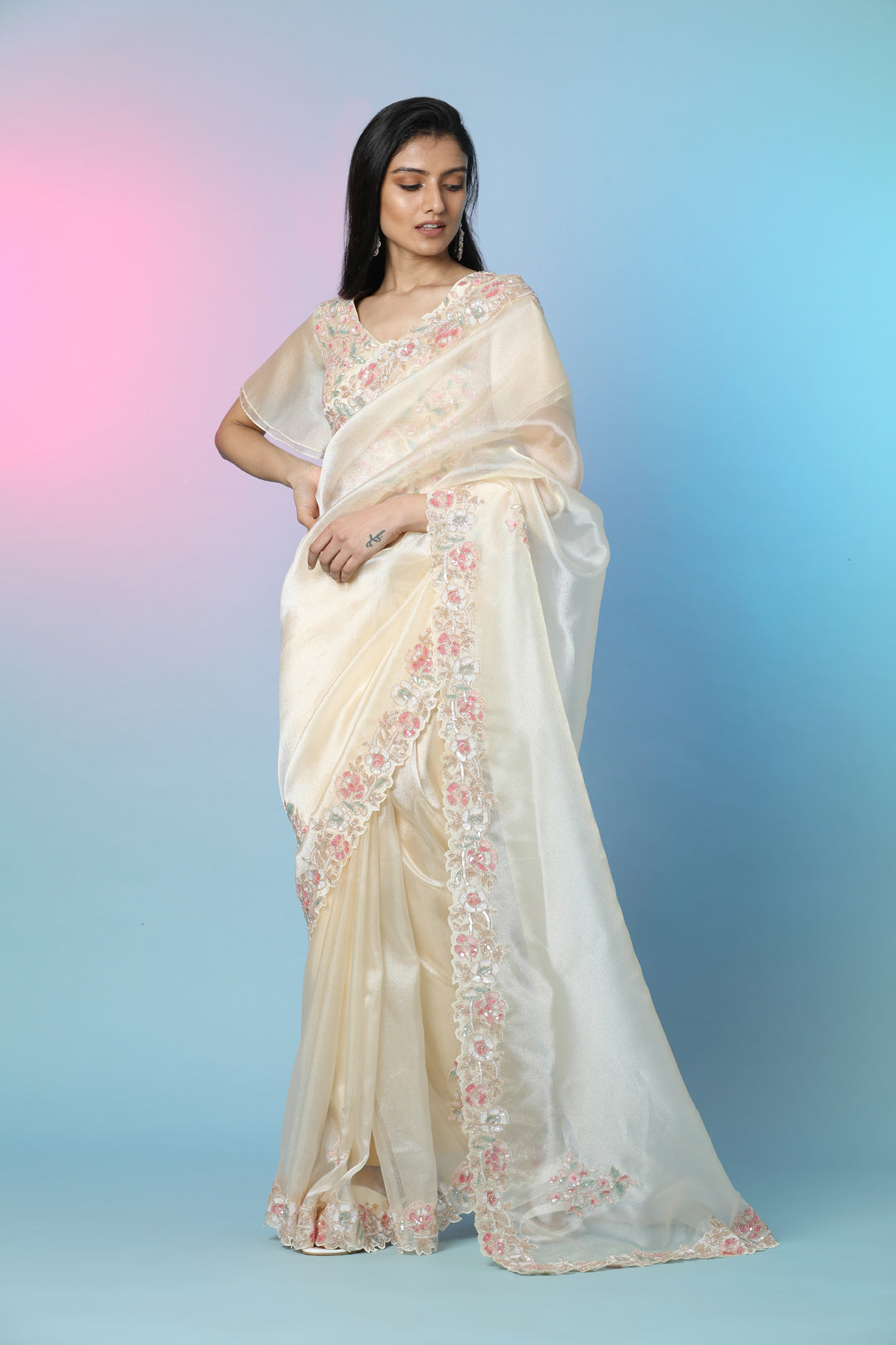Shop beautiful light yellow embroidered tissue organza saree online in USA with saree blouse. Look perfect in ethnic style on special occasions in beautiful designer sarees, embroidered sarees, party sarees, Bollywood sarees, handloom sarees from Pure Elegance Indian saree store in USA.-pallu