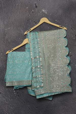 Buy this exquisite firozi blue saree in organza with striped print and silver embroidered border online in USA which is made of organza fabric and lightweight. This organza Saree is beautified with printed work and latest trend. Ideal for casual, kitty parties, stylish accessories. Shop this from Pure Elegance Indian fashion store in USA.- Unstitched blouse.