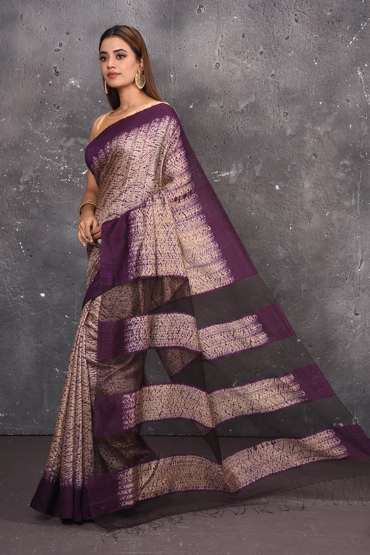 90N246 Purple-Gold Handloom Shibori Tussar Designer Saree with Net Border