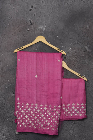 Shop elegant red zari woven pure tussar gicha silk saree in pink color with beautiful mirrorwork online in USA which has crafted by skilled weaver of Banaras with elegance and grace, this saree is definitely the epitome of beauty and a must have in your collection. Buy designer handwoven sarees from Pure Elegance which brings you our latest collection of Bhagalpuri handwoven tussar silk sarees.-Unstitched blouse.