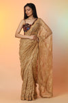 Buy stunning beige lace organza saree online in USA with maroon designer blouse. Radiate glamor on special occasions in exquisite designer sarees, embroidered sarees, partywear saris, Bollywood sarees, fancy sarees from from Pure Elegance Indian saree store in USA.-full view