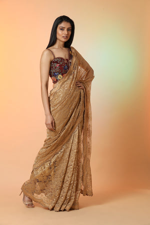 Buy stunning beige lace organza saree online in USA with maroon designer blouse. Radiate glamor on special occasions in exquisite designer sarees, embroidered sarees, partywear saris, Bollywood sarees, fancy sarees from from Pure Elegance Indian saree store in USA.-side