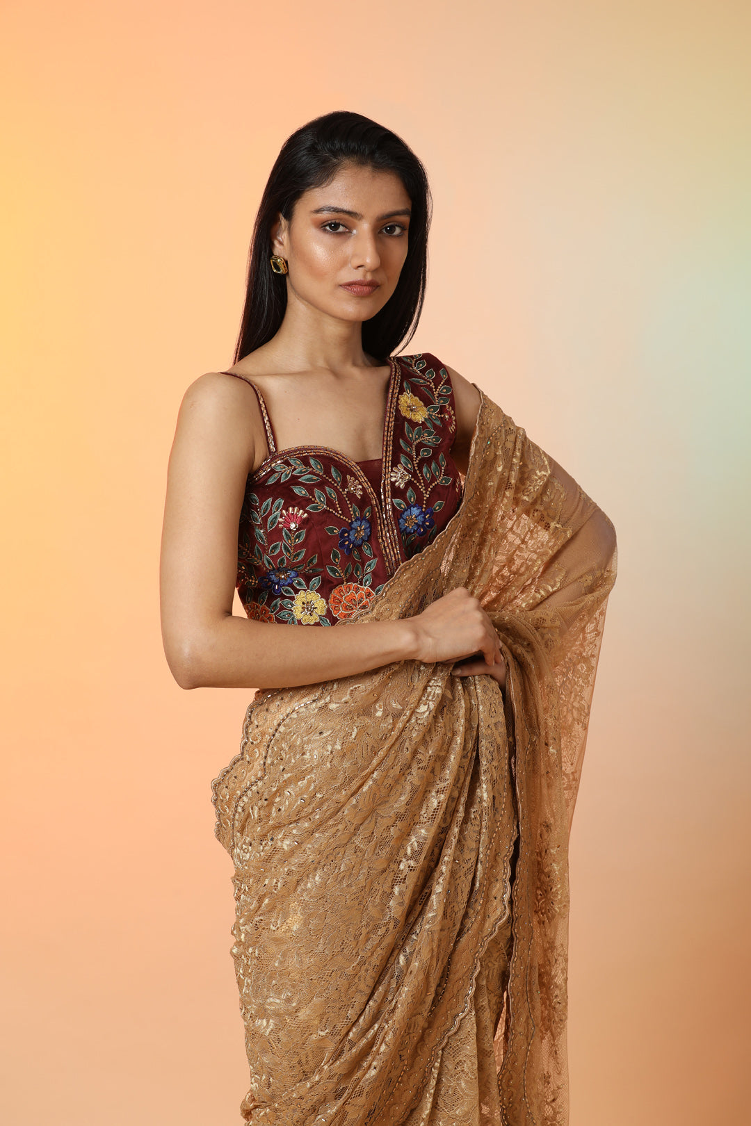 Buy stunning beige lace organza saree online in USA with maroon designer blouse. Radiate glamor on special occasions in exquisite designer sarees, embroidered sarees, partywear saris, Bollywood sarees, fancy sarees from from Pure Elegance Indian saree store in USA.-closeup