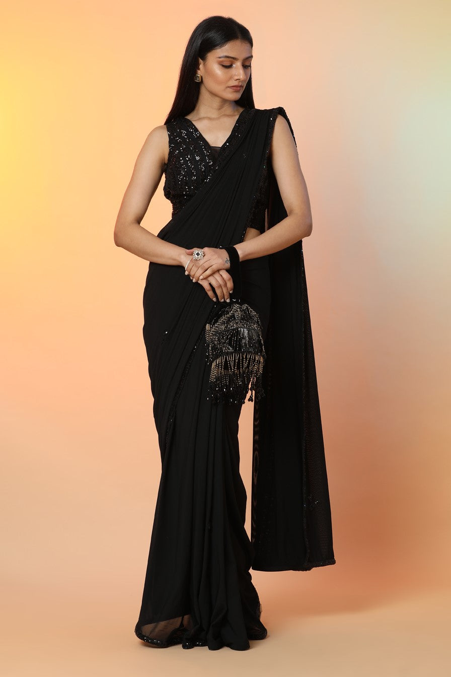 Shop stunning black georgette bead work designer saree online in USA with saree blouse. Radiate glamor on special occasions in exquisite designer sarees, embroidered sarees, partywear saris, Bollywood sarees, fancy sarees from from Pure Elegance Indian saree store in USA.-full view