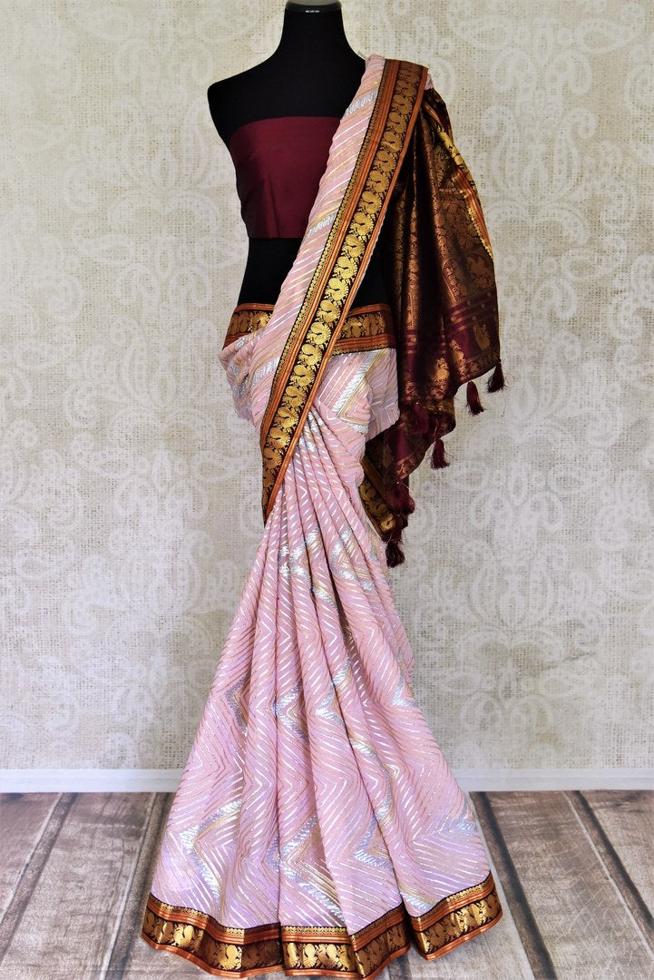 Buy beautiful powder pink georgette gota work Gadhwal saree online in USA. Keep your ethnic wardrobe up to date with latest designer sarees, pure silk sarees, handwoven sarees, tussar silk sarees, embroidered saris, Paithani sarees from Pure Elegance Indian saree store in USA.-full view