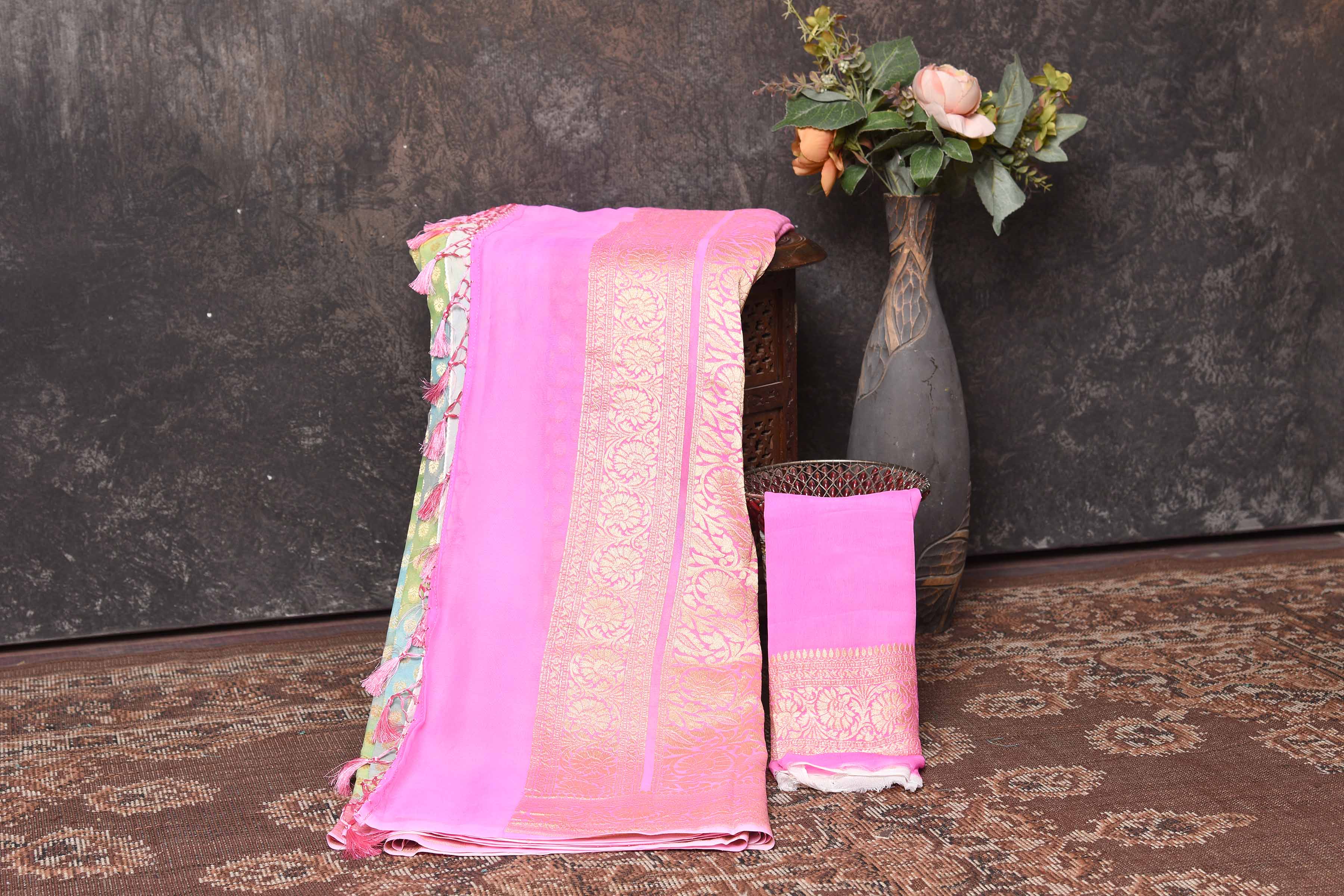 Buy stunning multicolor pastel georgette Banarasi saree online in USA with pink zari border. Be vision of elegance on special occasions in exquisite designer sarees, handwoven sarees, georgette sarees, embroidered sarees, Banarasi sarees from Pure Elegance Indian saree store in USA.-blouse