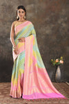 Buy stunning multicolor pastel georgette Banarasi saree online in USA with pink zari border. Be vision of elegance on special occasions in exquisite designer sarees, handwoven sarees, georgette sarees, embroidered sarees, Banarasi sarees from Pure Elegance Indian saree store in USA.-full view