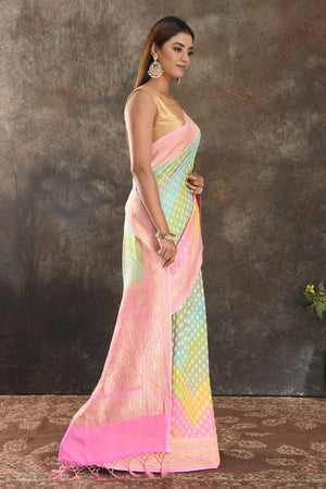 Buy stunning multicolor pastel georgette Banarasi saree online in USA with pink zari border. Be vision of elegance on special occasions in exquisite designer sarees, handwoven sarees, georgette sarees, embroidered sarees, Banarasi sarees from Pure Elegance Indian saree store in USA.-side