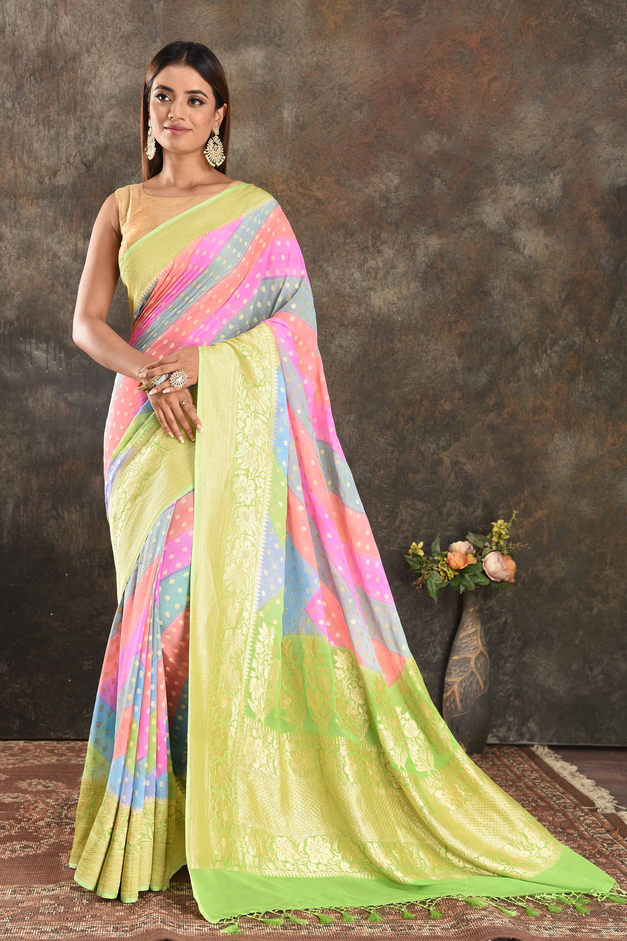 Shop beautiful multicolor Banarasi georgette saree online in USA with green zari border. Be vision of elegance on special occasions in exquisite designer sarees, handwoven sarees, georgette sarees, embroidered sarees, Banarasi sarees from Pure Elegance Indian saree store in USA.-full view
