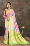 Shop beautiful multicolor Banarasi georgette saree online in USA with green zari border. Be vision of elegance on special occasions in exquisite designer sarees, handwoven sarees, georgette sarees, embroidered sarees, Banarasi sarees from Pure Elegance Indian saree store in USA.-full view