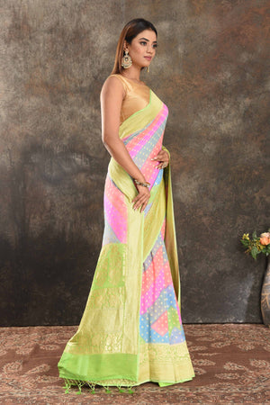 Shop beautiful multicolor Banarasi georgette saree online in USA with green zari border. Be vision of elegance on special occasions in exquisite designer sarees, handwoven sarees, georgette sarees, embroidered sarees, Banarasi sarees from Pure Elegance Indian saree store in USA.-side