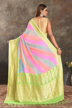 Shop beautiful multicolor Banarasi georgette saree online in USA with green zari border. Be vision of elegance on special occasions in exquisite designer sarees, handwoven sarees, georgette sarees, embroidered sarees, Banarasi sarees from Pure Elegance Indian saree store in USA.-back