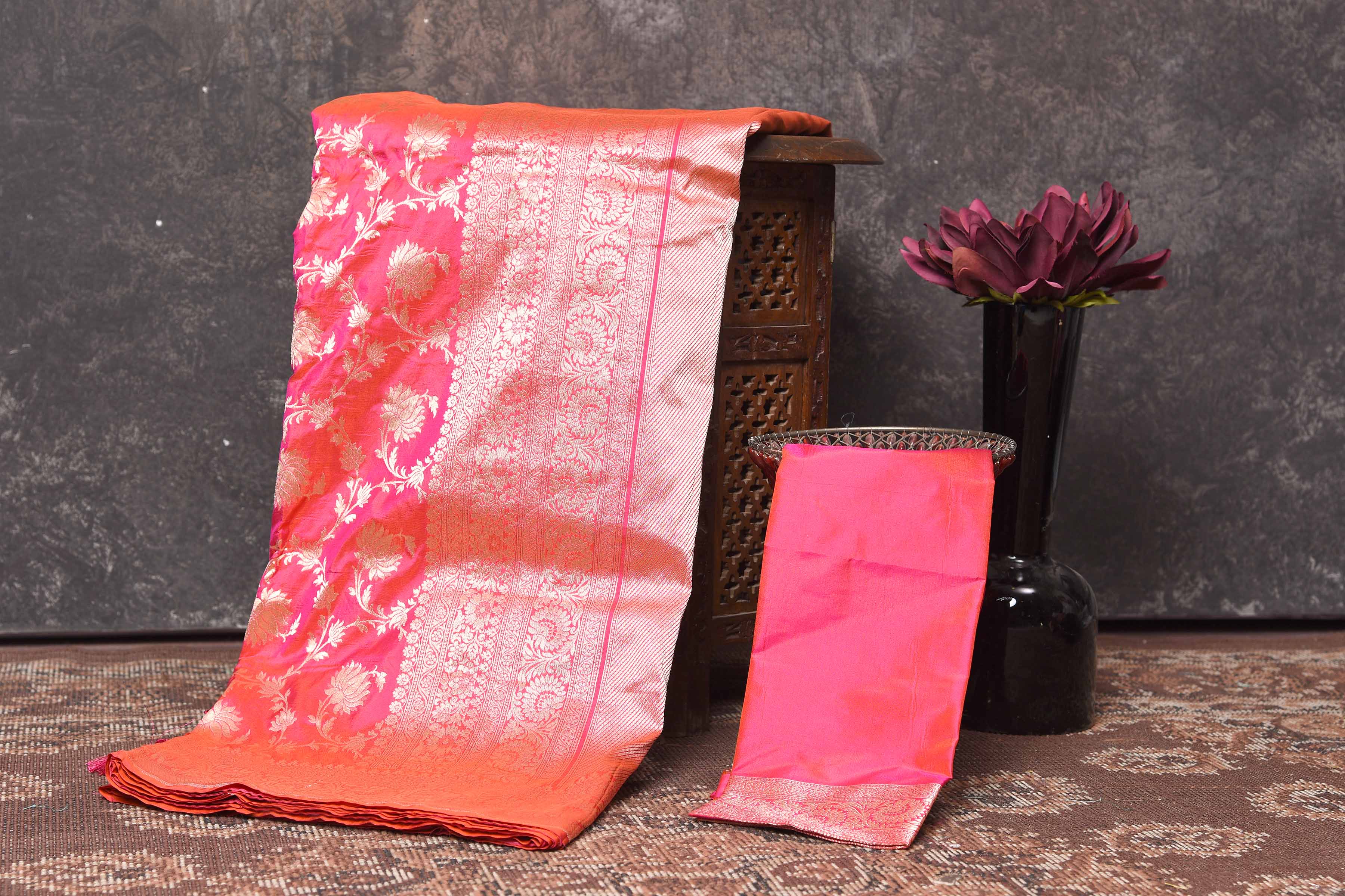 Buy beautiful pink silk saree online in USA with overall zari jaal. Be vision of elegance on special occasions in exquisite designer sarees, handwoven sarees, georgette sarees, embroidered sarees, Banarasi saree, pure silk saris from Pure Elegance Indian saree store in USA.-blouse