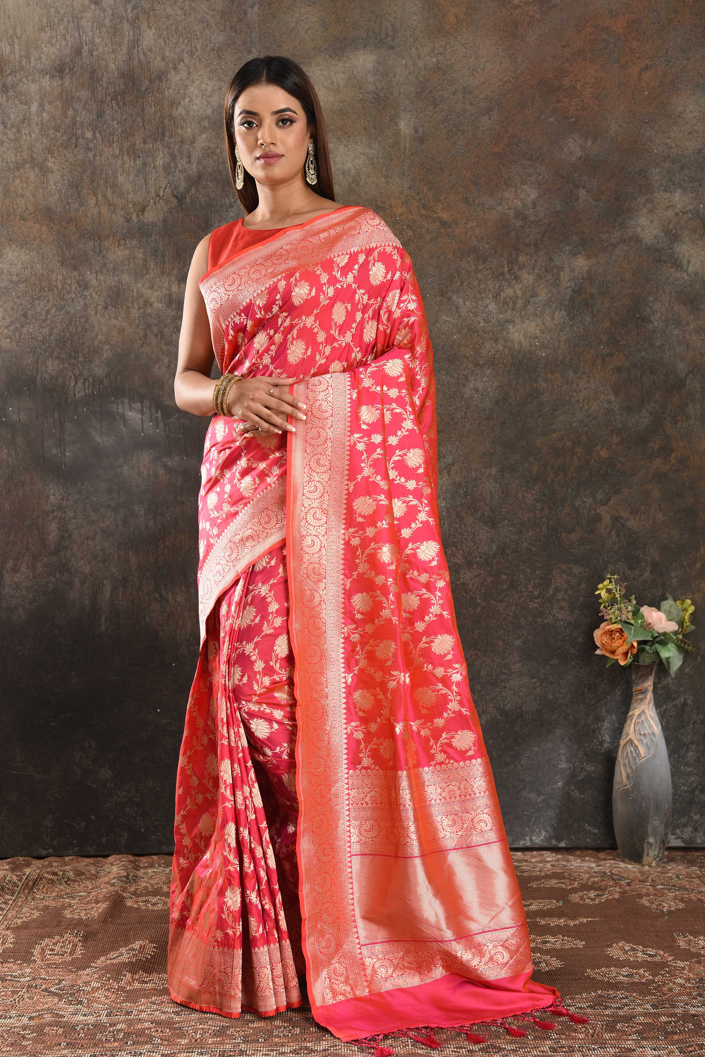 Buy beautiful pink silk saree online in USA with overall zari jaal. Be vision of elegance on special occasions in exquisite designer sarees, handwoven sarees, georgette sarees, embroidered sarees, Banarasi saree, pure silk saris from Pure Elegance Indian saree store in USA.-full view