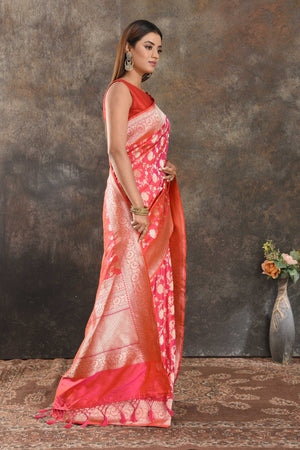 Buy beautiful pink silk saree online in USA with overall zari jaal. Be vision of elegance on special occasions in exquisite designer sarees, handwoven sarees, georgette sarees, embroidered sarees, Banarasi saree, pure silk saris from Pure Elegance Indian saree store in USA.-side