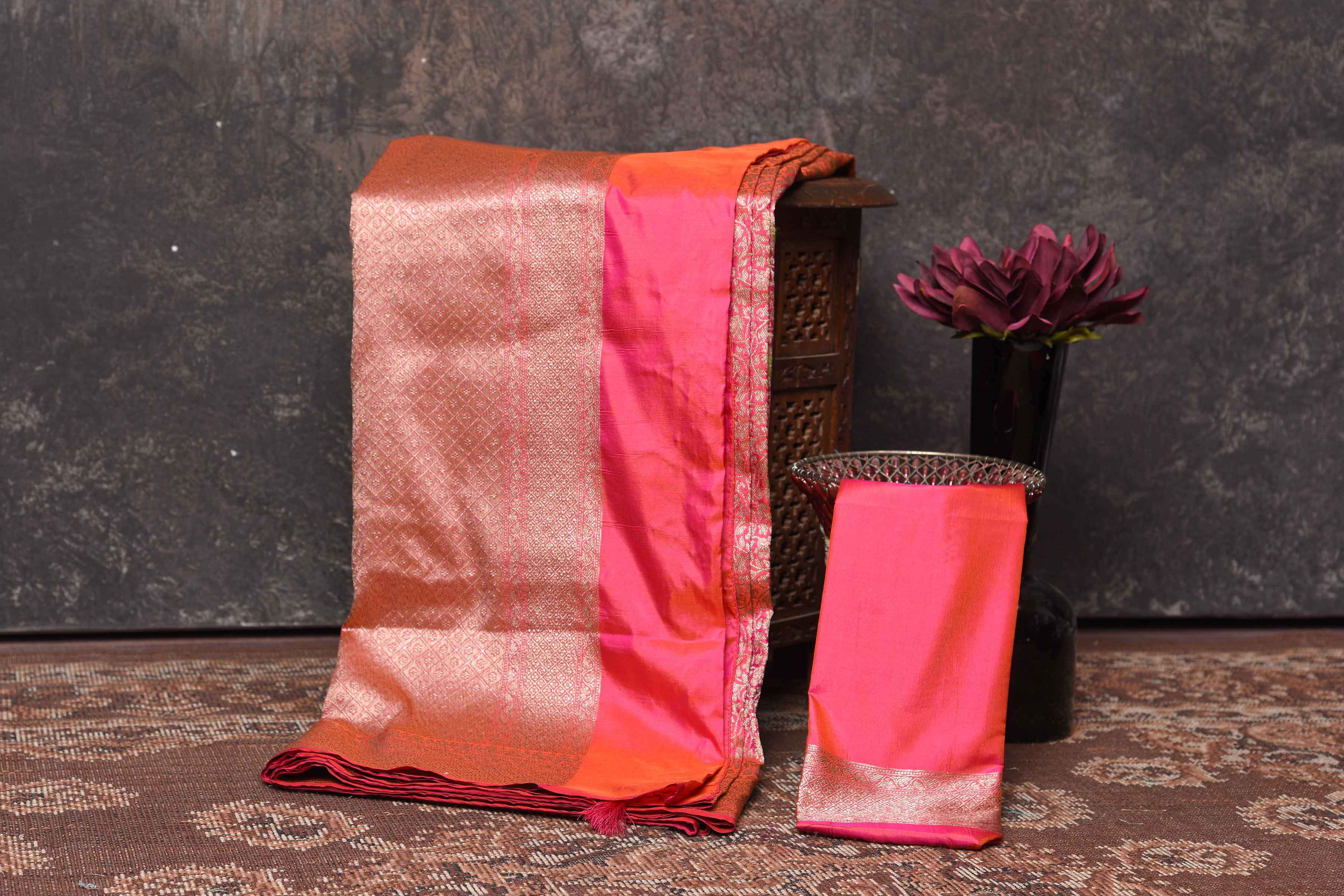 Shop stunning orangish pink silk saree online in USA with overall zari jaal. Be vision of elegance on special occasions in exquisite designer sarees, handwoven sarees, georgette sarees, embroidered sarees, Banarasi saree, pure silk saris from Pure Elegance Indian saree store in USA.-blouse