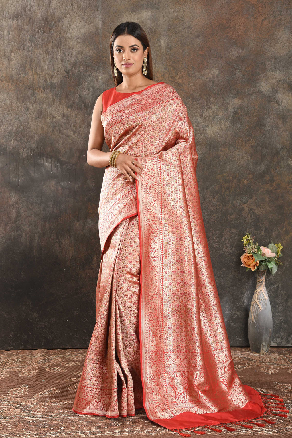 Shop beautiful red silk saree online in USA with heavy zari work. Be vision of elegance on special occasions in exquisite designer sarees, handwoven sarees, georgette sarees, embroidered sarees, Banarasi saree, pure silk saris from Pure Elegance Indian saree store in USA.-full view