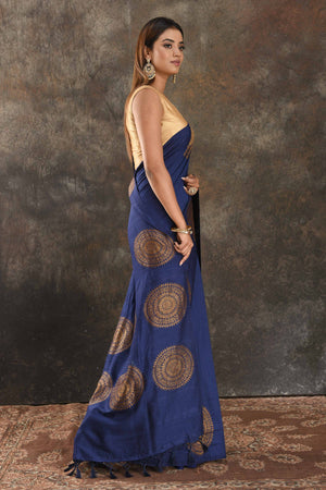 Buy dark blue Muga Banarasi sari online in USA with antique zari motifs. Be vision of elegance on special occasions in exquisite designer sarees, handwoven sarees, georgette sarees, embroidered sarees, Banarasi saree, pure silk saris from Pure Elegance Indian saree store in USA.-side