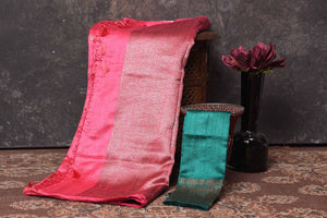 Shop dark pink tussar Banarasi sari online in USA with antique zari border. Be vision of elegance on special occasions in exquisite designer sarees, handwoven sarees, georgette sarees, embroidered sarees, Banarasi saree, pure silk saris, tussar sarees from Pure Elegance Indian saree store in USA.-blouse