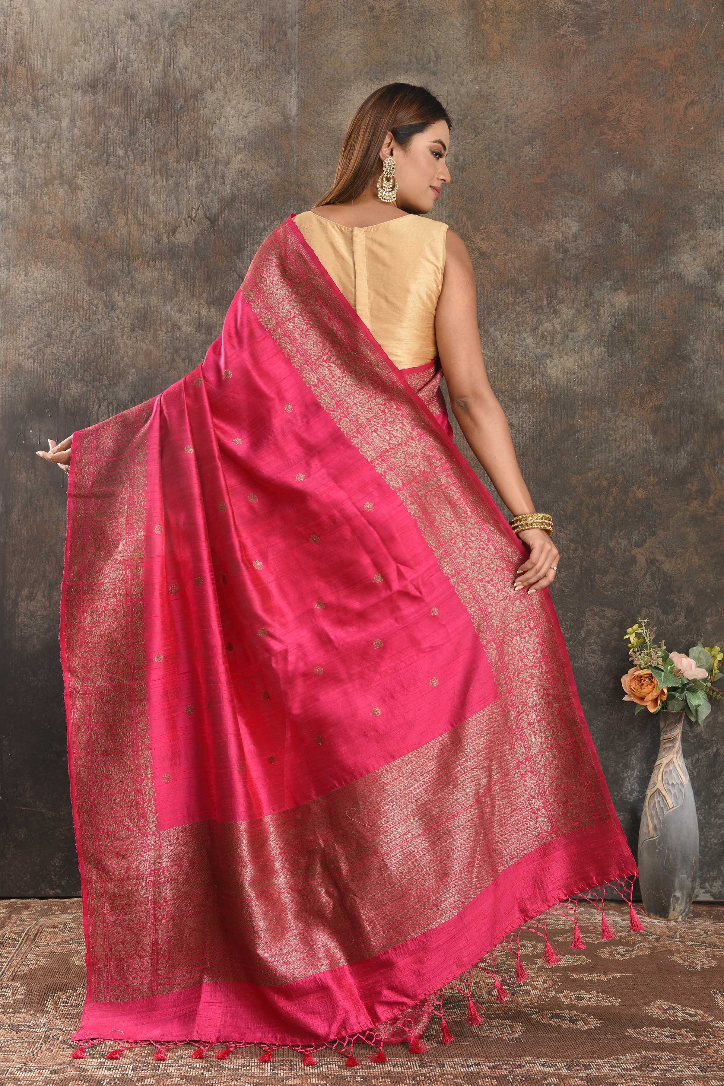 Shop dark pink tussar Banarasi sari online in USA with antique zari border. Be vision of elegance on special occasions in exquisite designer sarees, handwoven sarees, georgette sarees, embroidered sarees, Banarasi saree, pure silk saris, tussar sarees from Pure Elegance Indian saree store in USA.-back