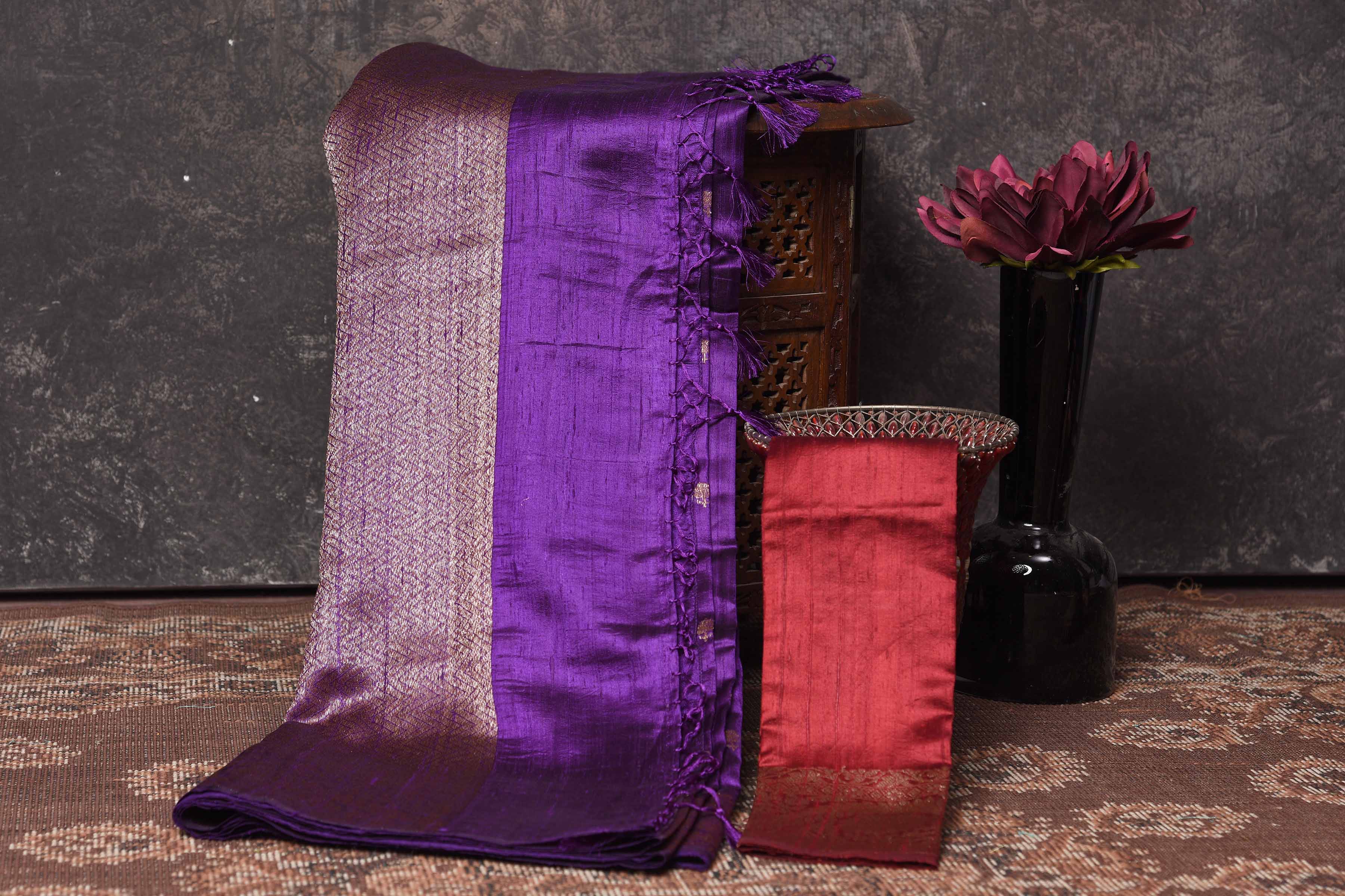 Buy beautiful purple tussar Banarasi sari online in USA with antique zari border. Be vision of elegance on special occasions in exquisite designer sarees, handwoven sarees, georgette sarees, embroidered sarees, Banarasi saree, pure silk saris, tussar sarees from Pure Elegance Indian saree store in USA.-blouse
