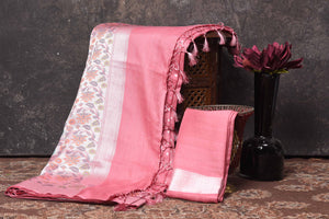 Shop stunning blush pink tussar Banarasi sari online in USA with silver zari border. Be vision of elegance on special occasions in exquisite designer sarees, handwoven sarees, georgette sarees, embroidered sarees, Banarasi saree, pure silk saris, tussar sarees from Pure Elegance Indian saree store in USA.-blouse