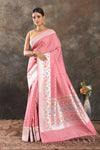 Shop stunning blush pink tussar Banarasi sari online in USA with silver zari border. Be vision of elegance on special occasions in exquisite designer sarees, handwoven sarees, georgette sarees, embroidered sarees, Banarasi saree, pure silk saris, tussar sarees from Pure Elegance Indian saree store in USA.-full view