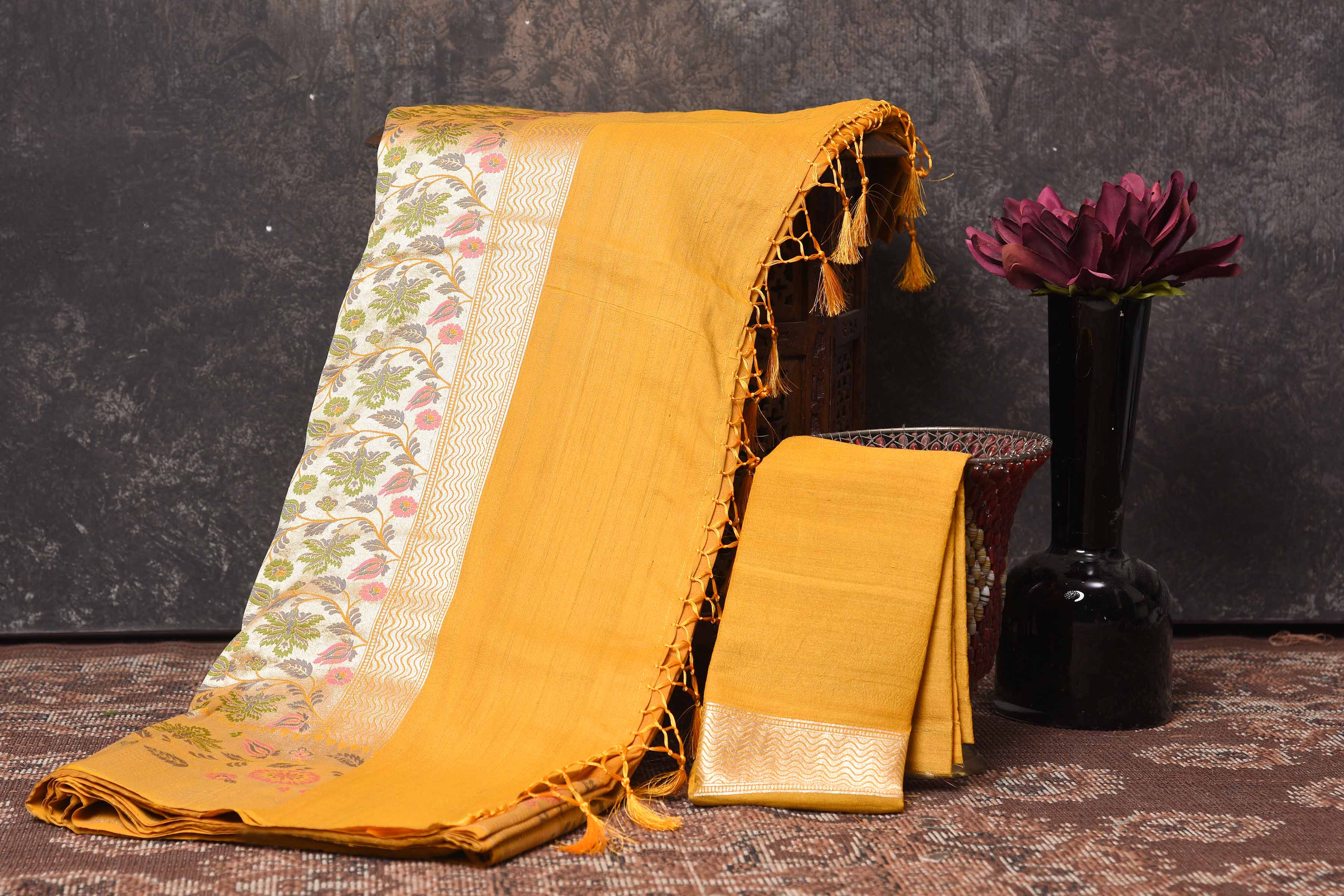 Buy beautiful mango yellow tussar Banarasi sari online in USA with floral zari border. Be vision of elegance on special occasions in exquisite designer sarees, handwoven sarees, georgette sarees, embroidered sarees, Banarasi saree, pure silk saris, tussar sarees from Pure Elegance Indian saree store in USA.-blouse