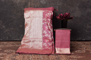 Shop beautiful onion pink tussar Banarasi saree online in USA with floral zari jaal. Be vision of elegance on special occasions in exquisite designer sarees, handwoven sarees, georgette sarees, embroidered sarees, Banarasi saree, pure silk saris, tussar sarees from Pure Elegance Indian saree store in USA.-blouse