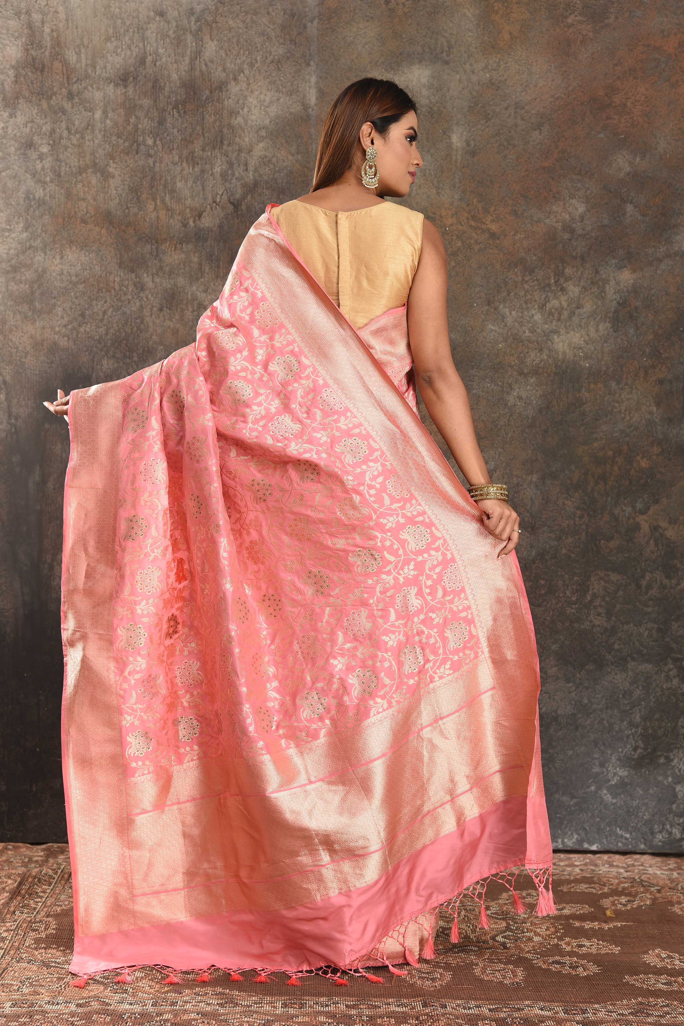 Buy beautiful pink Katan silk Banarasi sari online in USA with zari work. Be vision of elegance on special occasions in exquisite designer sarees, handwoven sarees, georgette sarees, embroidered sarees, Banarasi saree, pure silk saris, tussar sarees from Pure Elegance Indian saree store in USA.-back