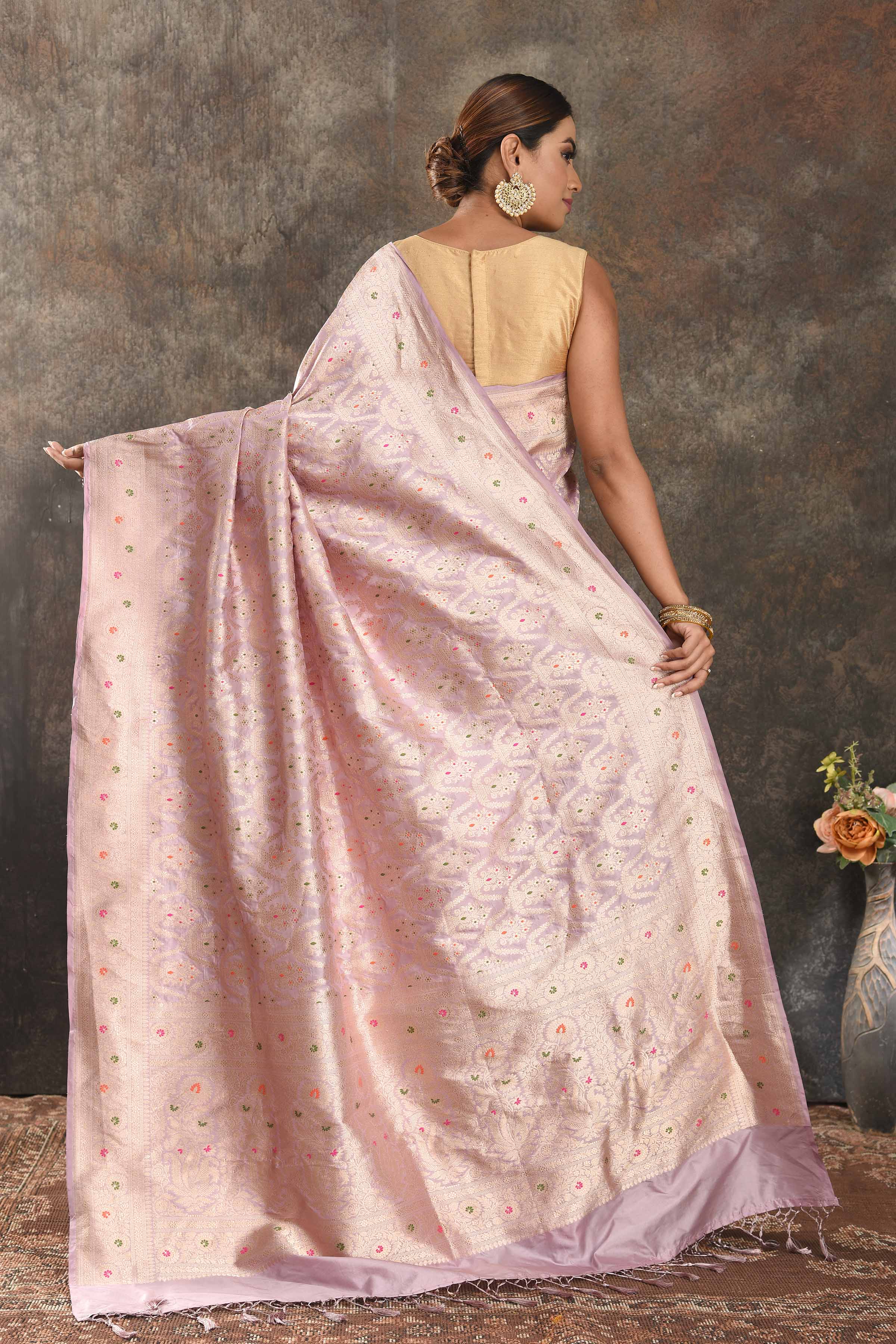 Buy lilac Katan silk Banarasi saree online in USA with zari work. Be vision of elegance on special occasions in exquisite designer sarees, handwoven sarees, georgette sarees, embroidered sarees, Banarasi saree, pure silk saris, tussar sarees from Pure Elegance Indian saree store in USA.-back