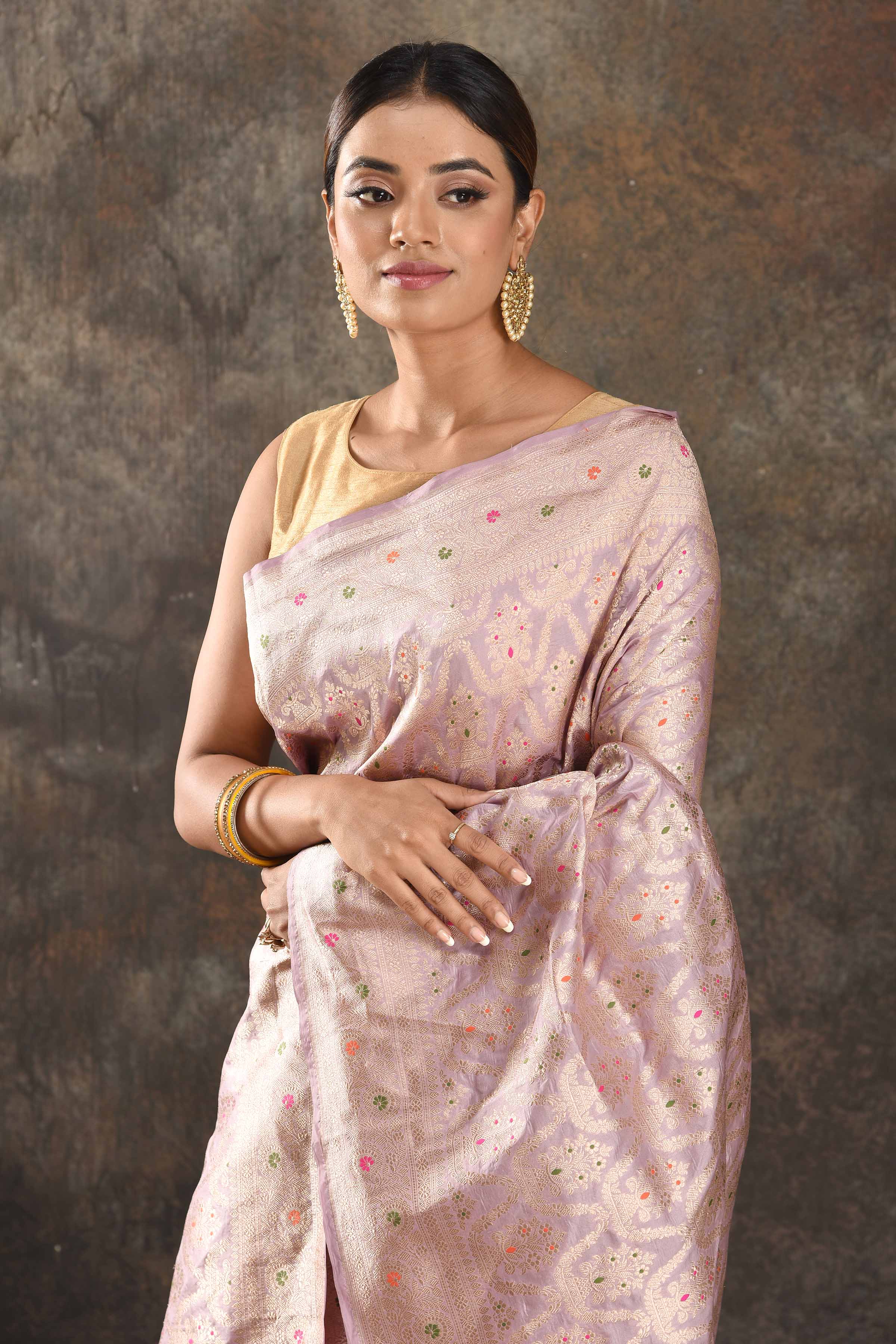 Buy lilac Katan silk Banarasi saree online in USA with zari work. Be vision of elegance on special occasions in exquisite designer sarees, handwoven sarees, georgette sarees, embroidered sarees, Banarasi saree, pure silk saris, tussar sarees from Pure Elegance Indian saree store in USA.-saree