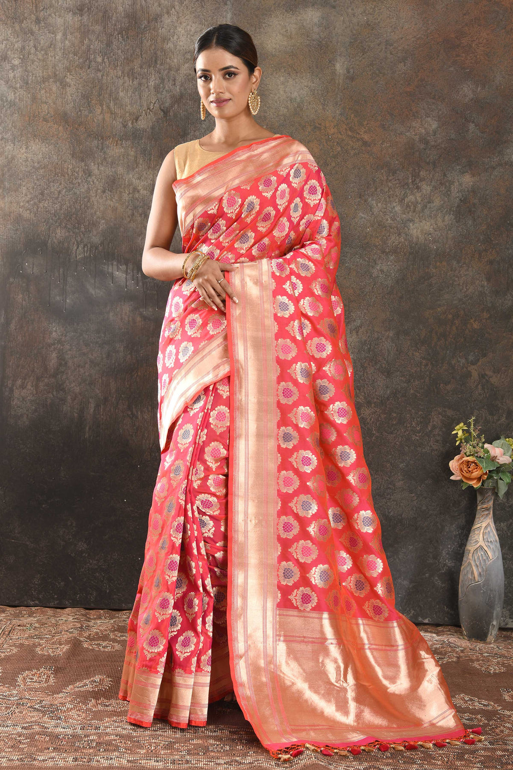 Buy beautiful pink fancy Katan silk saree online in USA with zari border. Be the center of attraction on special occasions in ethnic sarees, designer sarees, embroidered sarees, handwoven sarees, pure silk sarees from Pure Elegance Indian saree store in USA.-full view